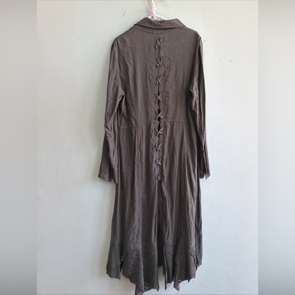 Vintage Free People Linen Maxi Jacket Duster Laced Up Back Lace Hem L - Picture 9 of 10